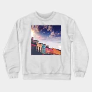 Sunny Cloudy Skies and Iconic Colorful Rainbow New Orleans French Quarter Nola Homes Yellow Light Blue Pink Orange Architecture Minimal Cityscape in Southern Louisiana Crewneck Sweatshirt